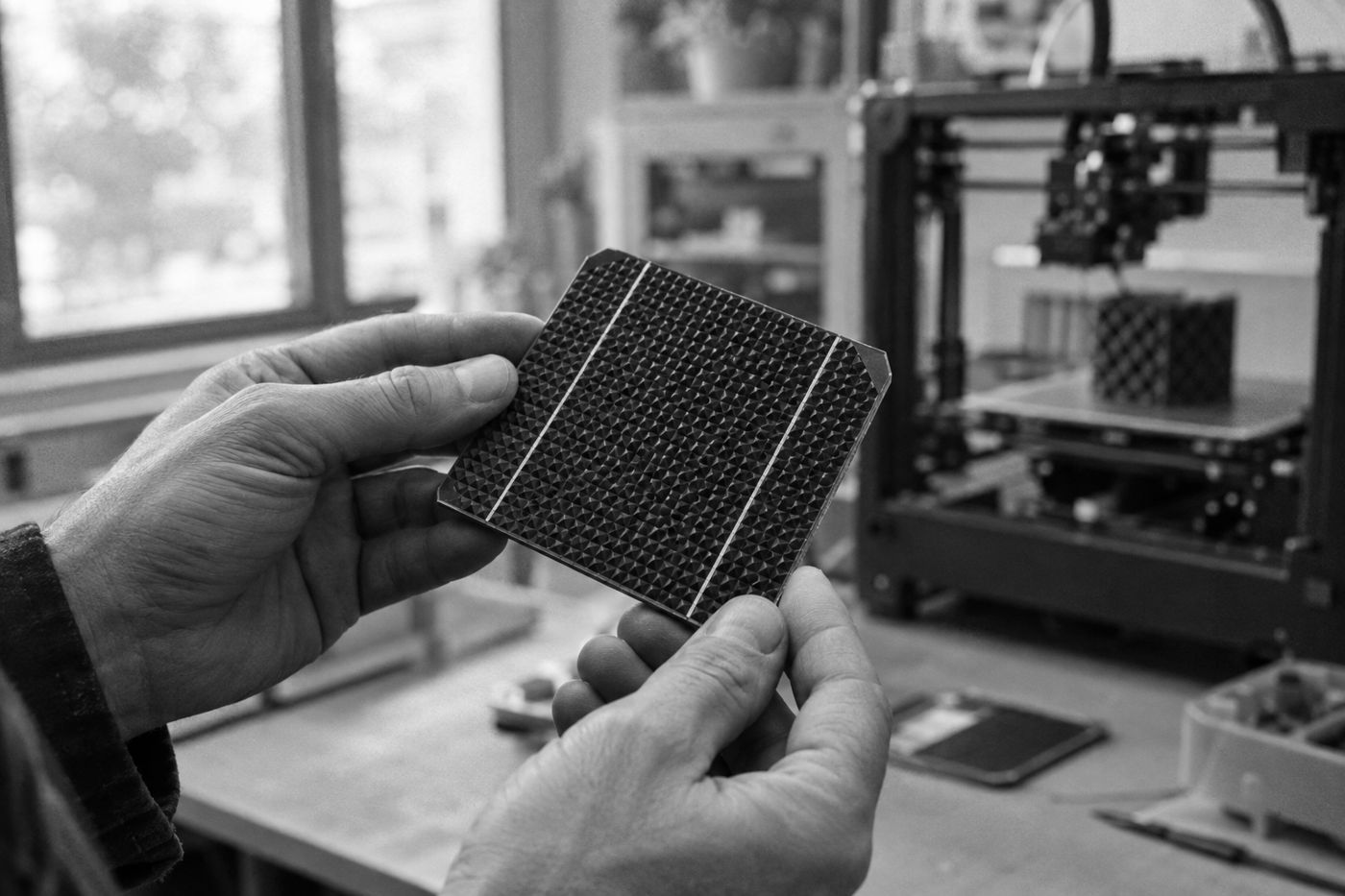 Hands holding a solar cell sample with a micro-pyramid surface, a 3D printer in the background